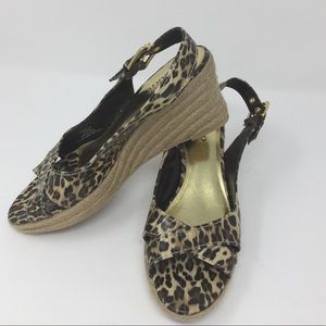 Leopard print open toe sling back wedge espadrille
